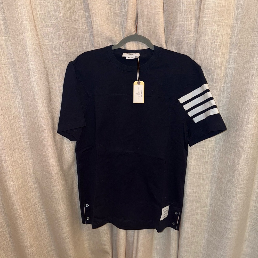 NWT Thom Browne Navy Tee with White Stripes